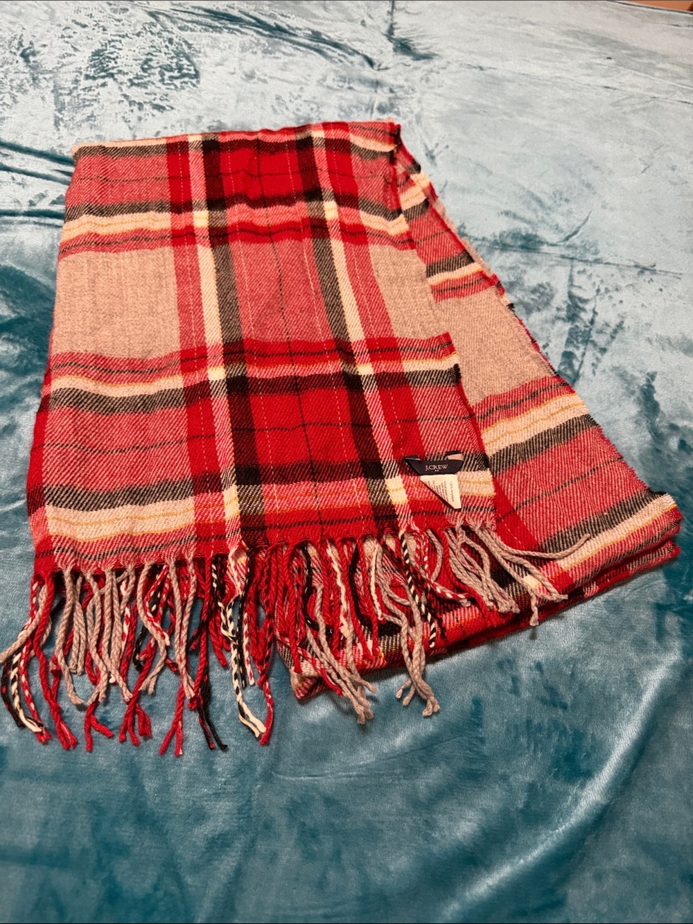 J. Crew Red & Gray Plaid Fringe Wrap Scarf
